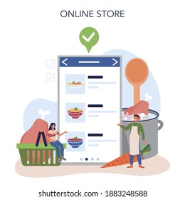 Chicken soup online service or platform. Tasty meal and ready dish. Chicken meat, onion and potato, carrot ingredient. Homemade dinner or lunch in the plate. Online store. Flat vector illustration