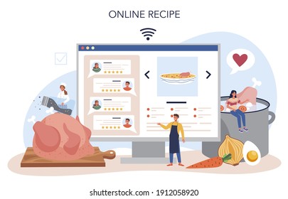 Chicken soup online service or platform. Tasty meal and ready dish. Chicken meat, onion and potato, carrot ingredient. Homemade dinner or lunch in the plate. Online recipe. Flat vector illustration