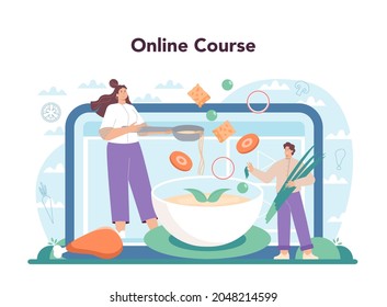Chicken soup online service or platform. Tasty meal ingredients: chicken meat, onion, potato, carrot. Homemade dinner. Online course. Flat vector illustration