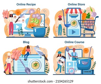 Chicken soup online service or platform set. Tasty bouillon with different ingredients. Chicken, onion, potato and carrot ingredient. Online recipe, store, course, blog. Flat vector illustration