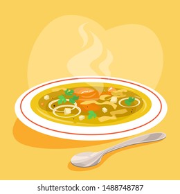 Chicken soup in the plate. Tasty meal and ready dish. Onion and potato, carrot ingredient. Homemade dinner or lunch. Flat illustration