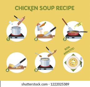 Chicken soup recipe for cooking at home. Ingredients for meal and ready dish. Onion and potato, carrot cutting. Homemade dinner or lunch. Flat vector illustration