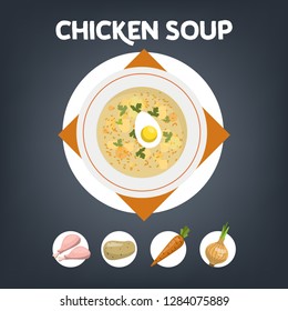 Chicken soup recipe for cooking at home. Ingredients for meal and ready dish. Onion and potato, carrot. Homemade dinner or lunch. Flat vector illustration