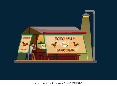 chicken soup restaurant street vendor. indonesian traditional street food at night scene concept in cartoon flat illustration vector