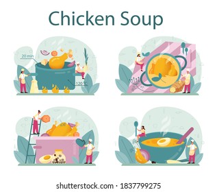 Chicken soup set. Tasty meal and ready dish. Chicken meat, onion and potato, carrot ingredient. Homemade dinner or lunch in the plate. Flat illustration