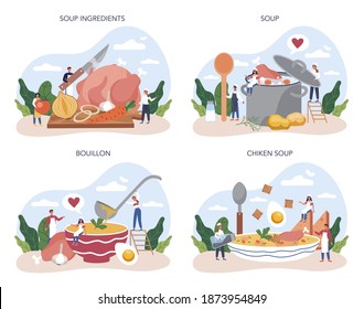 Chicken soup set. Tasty meal and ready dish. Chicken meat, onion and potato, carrot ingredient. Homemade dinner or lunch in the plate. Flat illustration