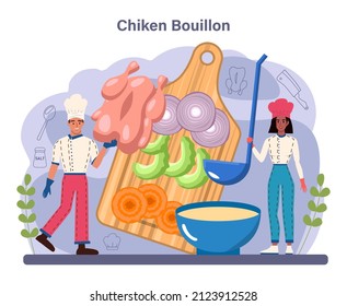 Chicken soup. Tasty bouillon with different ingredients. Chicken meat, onion and potato, carrot ingredient. Homemade dinner or lunch in the plate. Flat vector illustration