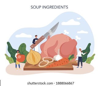 Chicken soup. Tasty meal and ready dish. Chicken meat, onion and potato, carrot ingredient. Homemade dinner or lunch in the plate. Flat illustration