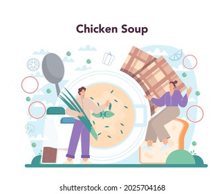 Chicken soup. Tasty meal and ready dish. Chicken meat, onion and potato, carrot ingredient. Homemade dinner or lunch in the plate. Flat illustration