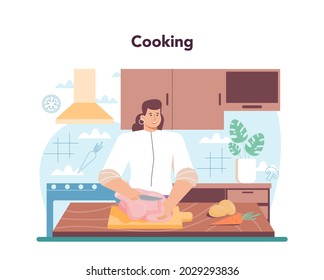 Chicken soup. Tasty meal and ready dish. Chicken meat, onion and potato, carrot ingredient. Homemade dinner or lunch in the plate. Flat illustration