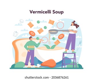 Chicken soup. Tasty meal and ready dish. Chicken meat, onion and potato, carrot ingredient. Homemade dinner or lunch in the plate. Flat illustration