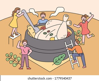 Chicken soup, a traditional Korean healthy food. Small people are having fun around the huge bowl. flat design style minimal vector illustration.