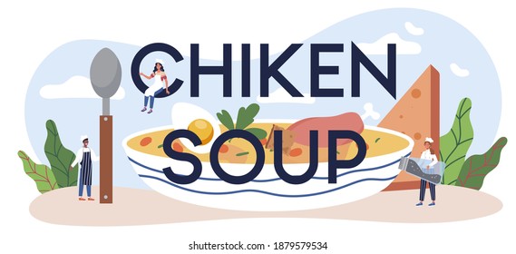 Chicken soup typographic header. Tasty meal and ready dish. Chicken meat, onion and potato, carrot ingredient. Homemade dinner or lunch in the plate. Flat illustration