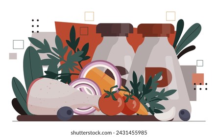 Chicken soup with vegetables. Leg with meat near tomatoes and carrots, slice of garlic. Healthy eating with vitamins. Cartoon flat vector illustration isolated on white background