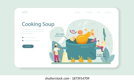 Chicken soup web banner or landing page. Tasty meal and ready dish. Chicken meat, onion and potato, carrot ingredient. Homemade dinner or lunch in the plate. Flat illustration