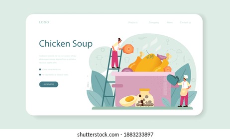 Chicken soup web banner or landing page. Tasty meal and ready dish. Chicken meat, onion and potato, carrot ingredient. Homemade dinner or lunch in the plate. Flat illustration