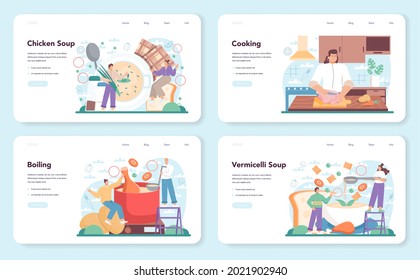 Chicken soup web banner or landing page set. Tasty meal and ready dish. Chicken meat, onion and potato, carrot ingredient. Homemade dinner or lunch in the plate. Flat illustration