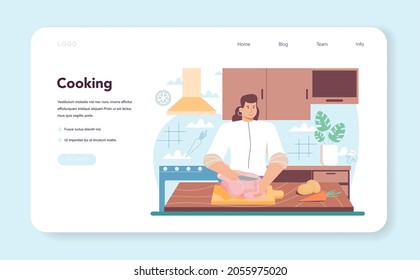 Chicken soup web banner or landing page. Tasty meal and ready dish. Chicken meat, onion and potato, carrot ingredient. Homemade dinner or lunch in the plate. Flat illustration