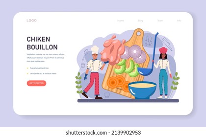 Chicken soup web banner or landing page. Tasty bouillon with different ingredients. Chicken, onion, potato and carrot ingredient. Homemade dinner or lunch in the plate. Flat vector illustration