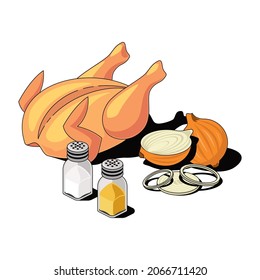 Chicken, spices and onions. Vector 3d sketch line isometric style, color icon illustration. Creative design idea and infographics elements.