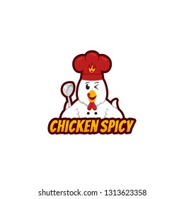 Chicken Spicy logo mascot with funny chicken character holding ladle and wears chef hat in cartoon style