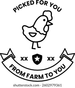 A chicken is standing in front of a banner that says "picked for you" and "from farm to you"