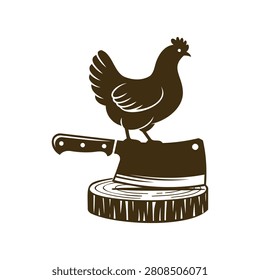 Chicken standing on a cleaver and a tree stump