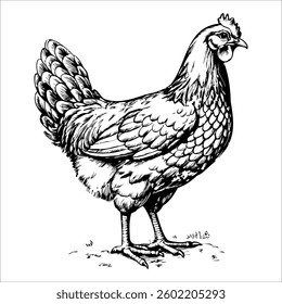 A chicken is standing on the ground with its head up