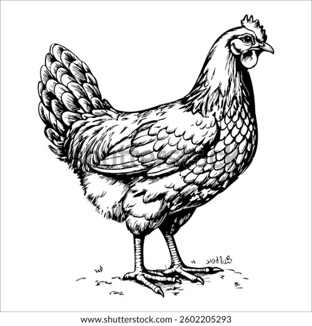 A chicken is standing on the ground with its head up