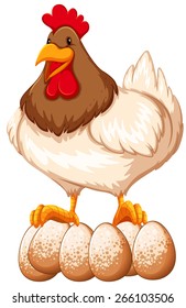 Chicken standing on six eggs
