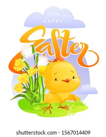 A chicken stands on a green lawn next to dandelions.. Stock vector illustration in cartoon style. Easter card.