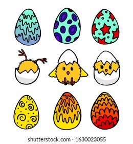 Chicken sticker set on white isolated backdrop. Painted easter eggs for invitation or gift card, notebook, bath tile, scrapbook. Phone case or cloth print art. Cartoon style stock vector illustration