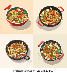 Chicken stir fry isometric vector isolated