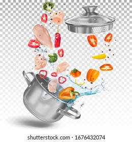 Chicken stock recipe with vegetables. Meat, paprika, broggoli, chili peppers, spices fall into the water in a stock pot with the open lid. Dynamic vector 3d composition.