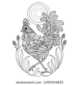 Chicken and sun hand drawn for adult coloring book