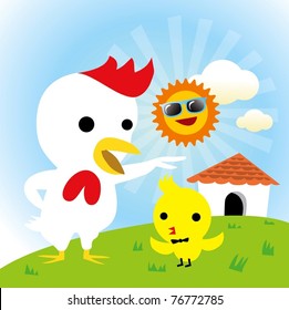 chicken sunshine house vector graphic