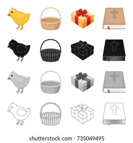 Chicken, a symbol of Easter, a basket, a gift, a book the Bible. Easter set collection icons in cartoon black monochrome outline style vector symbol stock isometric illustration web.