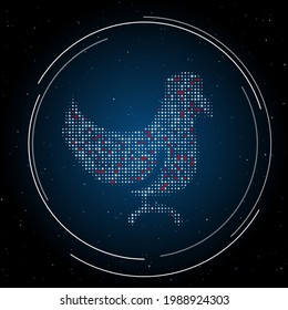 The chicken symbol filled with white dots. Pointillism style. Some dots is red. Vector illustration on blue background with stars