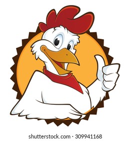 Chicken sympathetic is inside a circle, and has a red neckerchief
