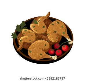 Chicken tabaka.National dish of Georgian cuisine, chicken fried in a frying pan under pressure with seasoning,vegetables.Caucasian Kartuli cuisine.Flat vector illustration isolated on white background