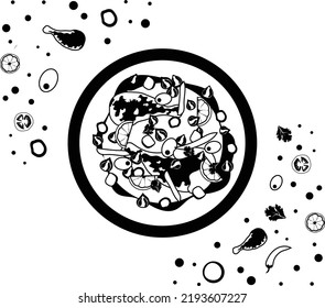 Chicken Tajine on Platter concept, Tagine potter vector icon design, National Dish of Algeria Sign,Traditional cuisine Symbol on White Background, Gourmet food cooking menu item with ingredients