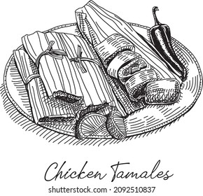 Chicken Tamale On The Plate With The Chili Paprika. Sketchy Hand-drawn Vector Illustration.