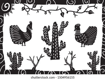 the chicken that is in the cactus desert. illustration of cordel style