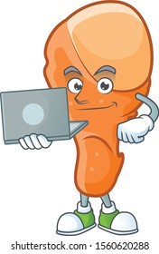 Chicken thigh cartoon with bring laptop character mascot