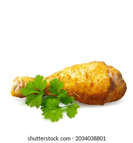 Chicken thigh with green parsley low poly. Fresh, nutritious, tasty chicken thigh. Vector illustration. Chicken thigh with green plant in triangulation technique.