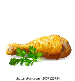 Chicken thigh with green parsley low poly. Fresh, nutritious, tasty chicken thigh. Vector illustration. Chicken thigh with green plant in triangulation technique.