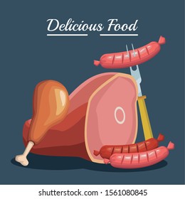 chicken thigh with ham leg and sausages over black background, colorful design , vector illustration