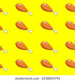 Chicken thigh seamless pattern on yellow background. Chicken thigh motif cartoon illustration