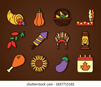 chicken thigh and thanksgiving icon set over brown background, line and fill style, vector illustration