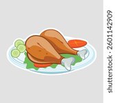 Chicken Thighs on Plate - Vector Sticker. Tasty roasted chicken thighs served with fresh veggies on a plate. Perfect for food stickers, menus, and restaurant designs